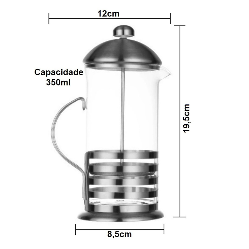 Cafeteira Francesa Prensa Cremeira  de Inox e Vidro 350 Ml