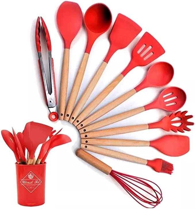 TESTE 2 Kit C/ 12 Utensílios Cozinha Silicone Cabo Madeira