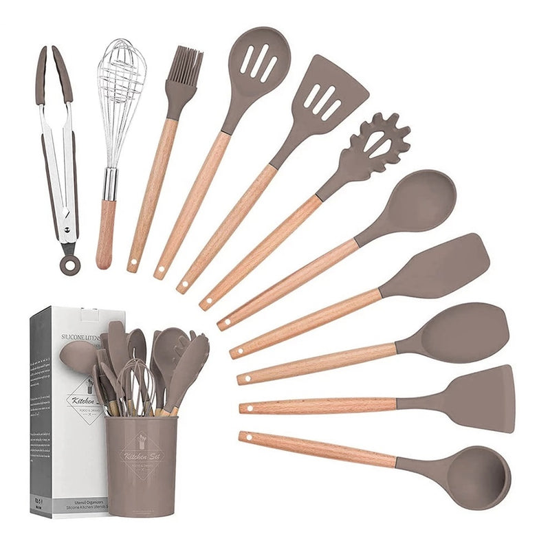 TESTE 2 Kit C/ 12 Utensílios Cozinha Silicone Cabo Madeira