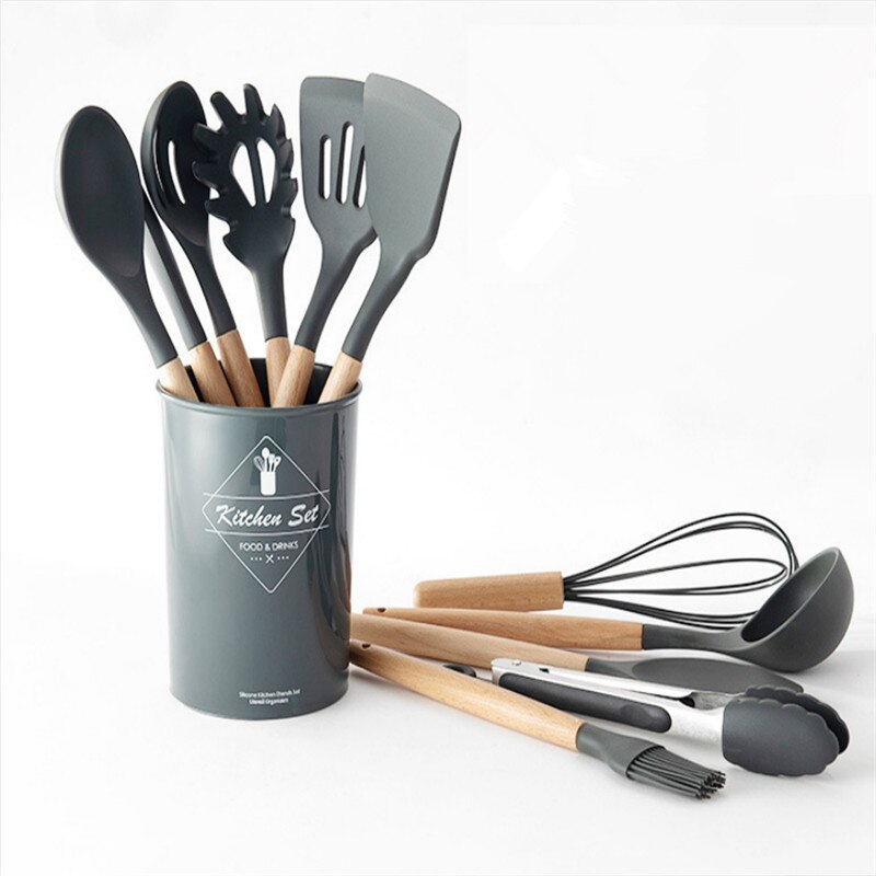 TESTE 2 Kit C/ 12 Utensílios Cozinha Silicone Cabo Madeira