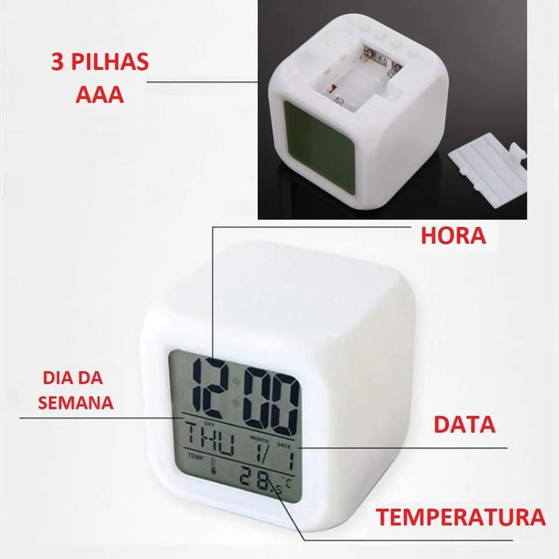 Relógio Digital Despertador Cubo Colorido 7 Led Luz Alarme