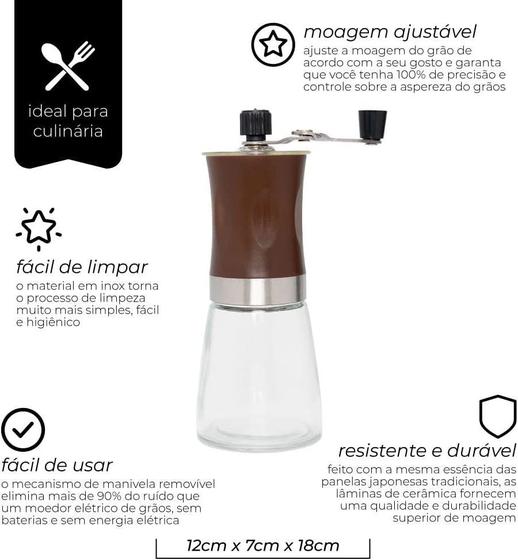 Moedor de Café Manual Manivela Vidro e Aço Inox