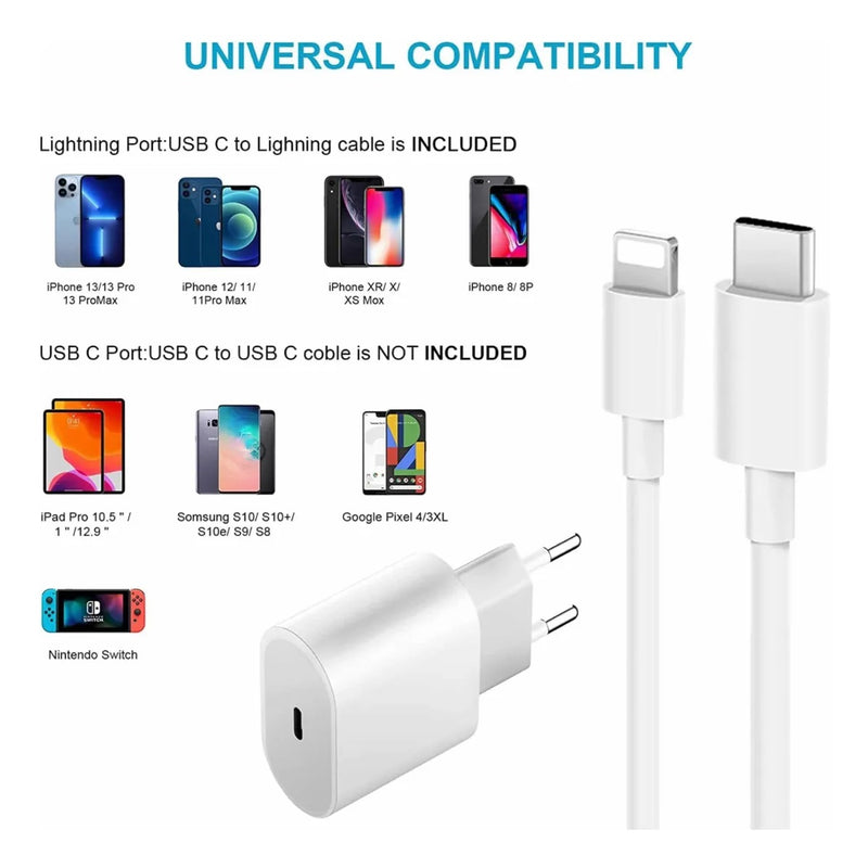 Cabo Carregador + Fonte Compatível iPhone SE X Xr 11 12 13pro Usb-c 20w