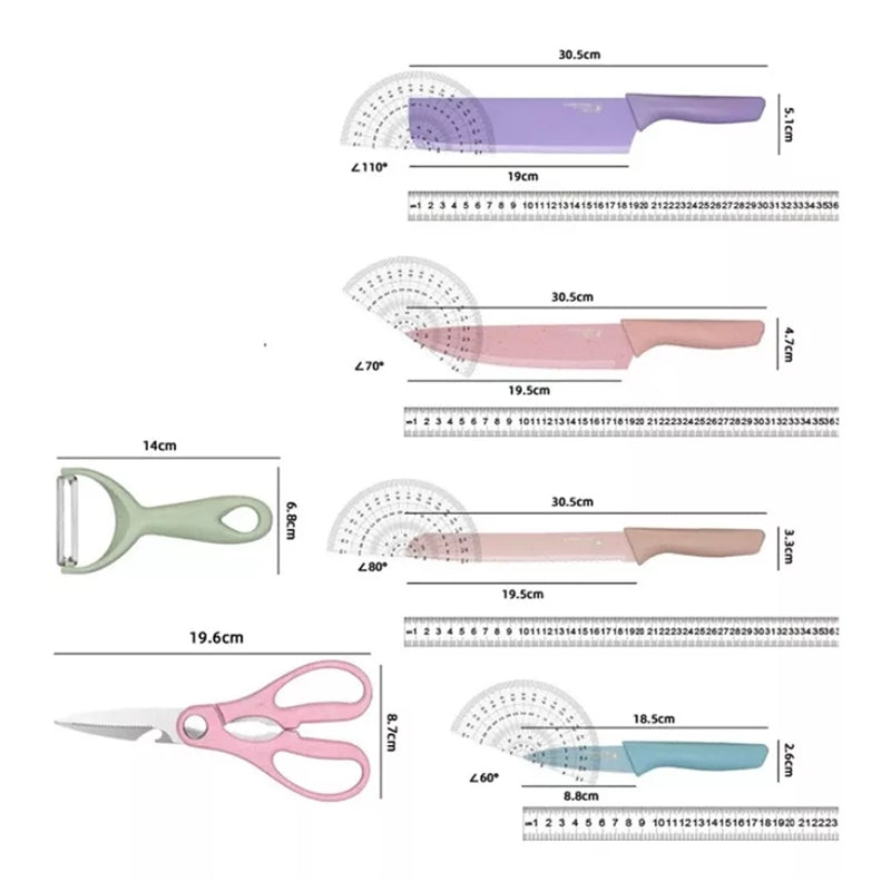 Jogo De Facas Gourmet Colorida + Tesoura E Descascador - 06 Peças